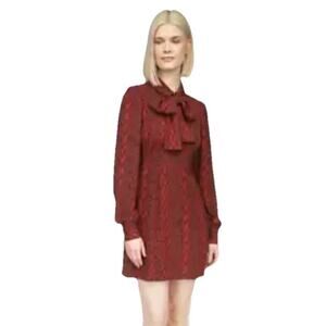 New Michael Kors Women Tie-Neck Long Sleeve Animal Print Red Black Dress Size M